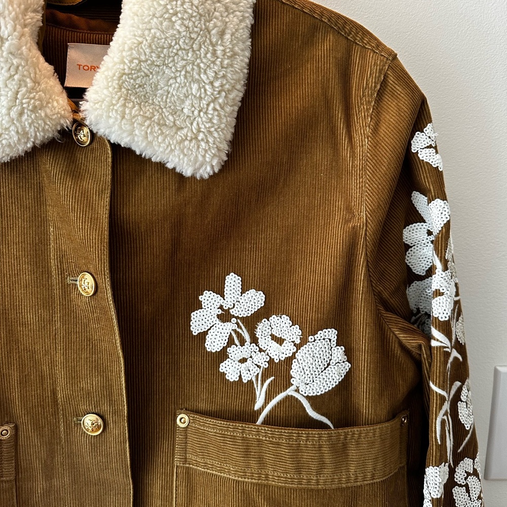 Gorgeous Tory Burch Brown Corduroy Jacket with White Floral Details - Picture 2 of 12